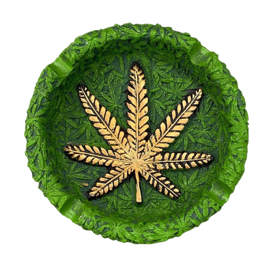 Cendrier en résine verte feuille doréé